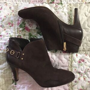 Vince Camuto Chocolate Suede Ankle Booties with Gold Hardware
